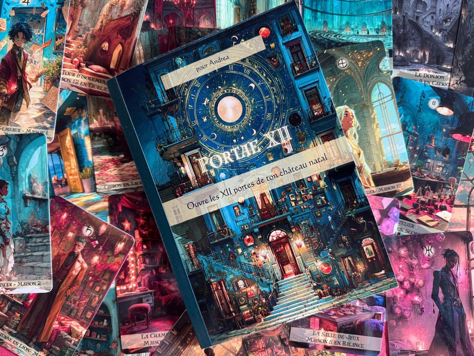 Portae XII book surrounded by custom illustrated tarot cards